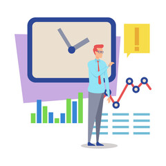 Poster - Businessman standing confidently pointing at graph while clock showing time and warning sign appearing. Data analysis and efficiency concept