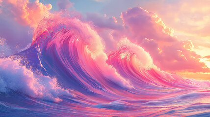 Colorful ocean wave cresting with sunset light and clouds in the background.