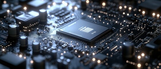 Poster - Close-up View of a Microprocessor on a Circuit Board with Glowing Components