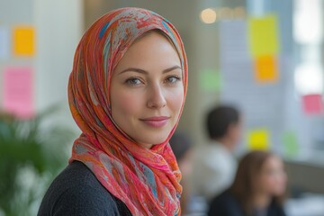 Poster - Young Woman in a Colorful Scarf Smiling in a Bright Office with Colleagues
