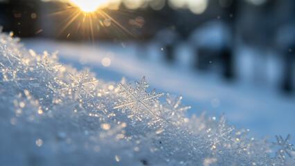 Poster - A close-up view of snow during winter, showcasing the intricate details of snowflakes, perfect for a seasonal holiday backdrop