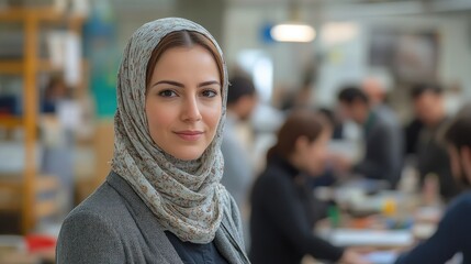 Poster - Professional Woman in a Hijab Smiles Confidently in a Busy Office Environment