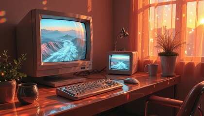 Poster - Retro computer scene with old CRT monitor, sunset view through the window, and vintage feeling