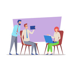 Poster - Group of three professionals engaged in discussion. Two men and woman sitting and standing around table, sharing insights and using devices