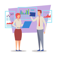 Poster - Two business professionals engaged in discussion about data reports and trends. Charts and graphs with statistics displayed in background