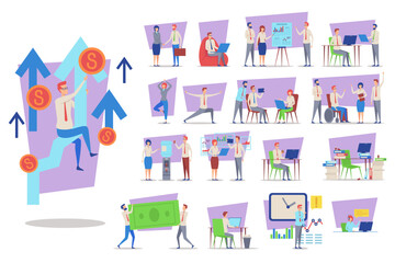 Poster - Colorful collection of various business activities showing teamwork, productivity, and wellness practices. Growth and success concept