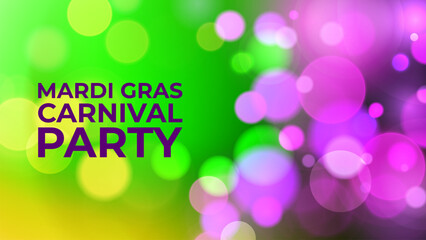 Wall Mural - Mardi Gras Party. Festive background with vibrant color gradients and blurred bokeh lights. Graphic template for Fat Tuesday celebration. Vector illustration.