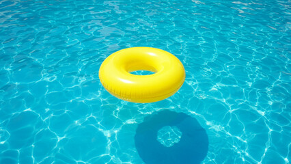 Poster - A yellow inflatable swimming pool ring floats gracefully in the blue water, embodying the essence of summer