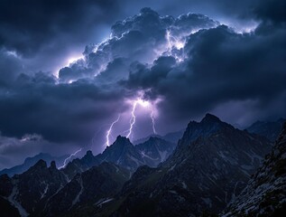Poster - a dramatic and intense photo of lightning flashing through a thundercloud over a mountain range, with snow-covered peaks in the foreground.