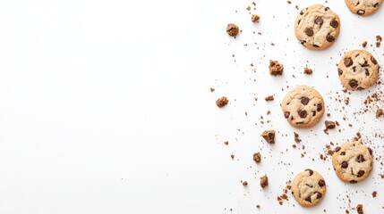 Aufkleber - Chocolate chip cookies are crumbling on a white background, creating a visually appealing arrangement with ample copy space for text or design elements