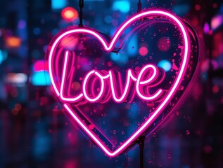 Poster - a large, vibrant neon heart sign with the word \