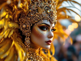 Poster - a person wearing an elaborate gold and feathered headdress, with intricate details and vibrant colors. The background is blurred, highlighting the headdress as the main focus of the image.