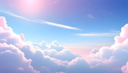 Wall Mural - fluffy pink and white clouds, a shining sun, and some stars in the sky, anime - style