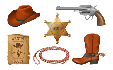 Wall Mural - Wild west, realistic icons for game design. Vector realistic gangster items. Badge of sheriff with star, handgun revolver and hat, lasso and boots. Poster with wanted criminal, adventures