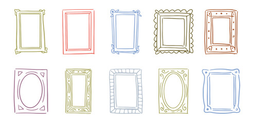 Aufkleber - Square geometric frames, hand drawn borders with ornaments and swirls embellishment. Vector isolated doodle photo or picture containers with copy space. Retro badges blank empty templates