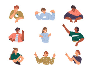 Poster - Young diverse people pointing fingers at different direction, showing or pointing. Vector isolated set of characters with cheerful facial expression, giving advice or recommendation, announcement