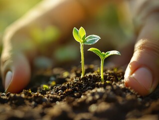 Poster - two hands planting small green seedlings in soil with sunlight shining on the scene.