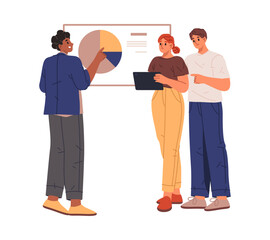 Poster - Employees working on project tasks. Vector isolated people showing presentation and thinking on possible business model success. Pitch or brainstorming, teamwork or consultation of specialist