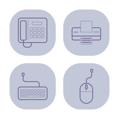 Poster - Collection of simple line icons representing essential office equipment, including phone, printer, keyboard, and mouse. Ideal for business-related graphic design project