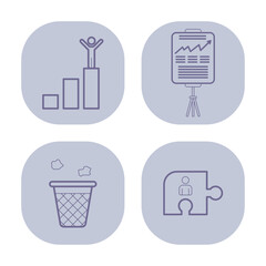 Poster - Collection of four simple line icons representing growth, presentations, waste management, and teamwork. Ideal for use in business-related materials and presentations