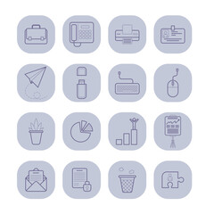 Poster - Collection of various simple line icons related to business and office activities, including tools, communication devices, and data management symbols for professional settings