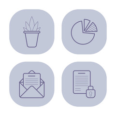 Poster - Collection of simple line icons depicting office elements such as plant, pie chart, envelope with letter, and locked document symbolizing business activity and organization