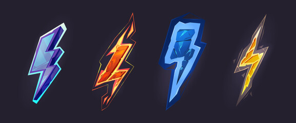 Poster - Game asset or anime lightning thunder bolt strike. Vector isolated set of cartoon icons with ice and flame texture. Magical powers or electrical discharge, attack or explosion dynamic motion
