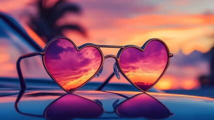 Heart-shaped sunglasses reflecting sunset view.