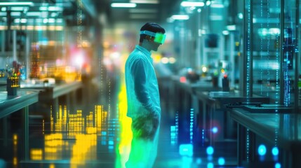 Poster - industrial engineer wearing virtual reality headset analyzing production data and processes using ho