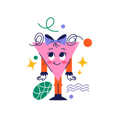 Aufkleber - Geometric figure personage with bow ribbon and cute facial expression. Isolated mascot girl with smile and eyes. Vector cartoon character, sticker or emoji, female creature in shape of triangle