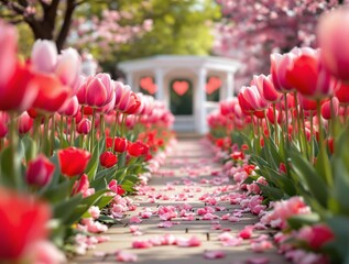 Aufkleber - a pathway lined with colorful tulips, leading to a gazebo with heart-shaped windows. The surrounding area has trees with blossoming flowers, creating a beautiful and romantic atmosphere.