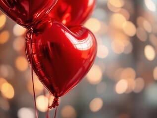 Poster - a pair of red heart-shaped balloons floating against a blurred background with warm, golden bokeh lights.