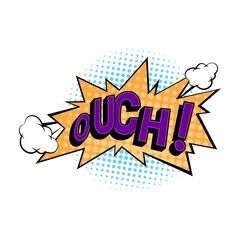 Poster - Ouch sound effect for comic books and characters emotion expression. Vector isolated bubble of cloud or explosion with noise to express pain. Personages words or thought, pop art style design