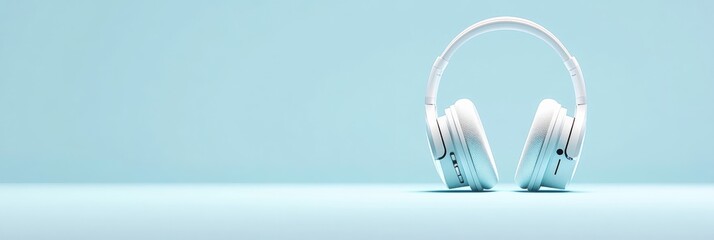 Poster - Modern white wireless headphones stand on a simple blue surface, creating a clean and stylish aesthetic perfect for music, podcast, or audio related content