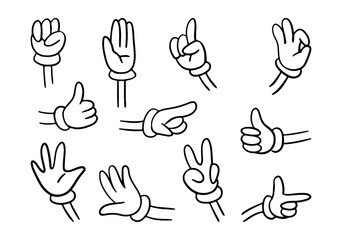 Aufkleber - Groovy character body part, isolated hand of personage. Vector arm wearing gloves, gesturing and signs, non verbal communication. Raising fist and stop, indexing finger, and okay, peace and thumb up