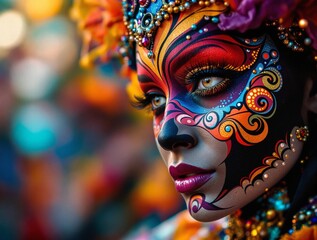 Poster - a vibrant and intricate face painting with colorful patterns and designs. The background is illuminated with multiple light sources, creating a lively and dynamic atmosphere.