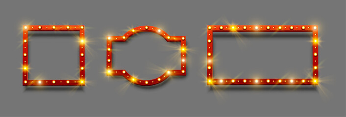 Poster - Red retro board empty frames with lights and warm glowing. Vector isolated square signs for night club, party or theatre, cinema or show, casino or chic announcements. Blank banners with copy space