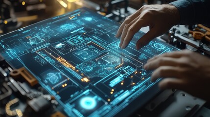 Poster - engineer interacting with a futuristic transparent display, manipulating complex schematics and data