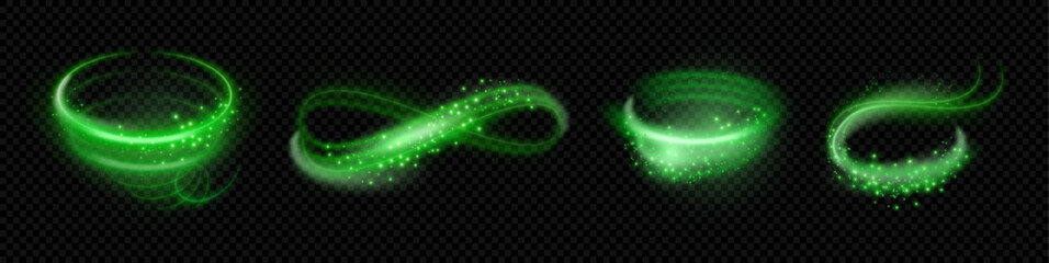 Poster - Air or green wind flow, isolated set of realistic trails with light and sparkling effects. Vector vortex and traces, glowing stream or circles, spirals and whirlwinds of airflow motion with twinkles