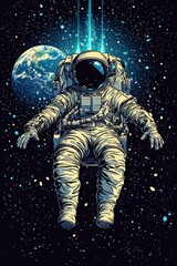 Wall Mural - Astronaut drifting through space gazing at the distant blue Earth
