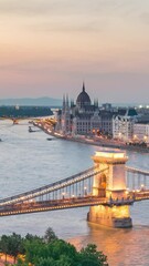 Wall Mural - Budapest Hungary time lapse day to night city skyline at Danube River with Chain Bridge and Hungarian Parliament (Vertical)