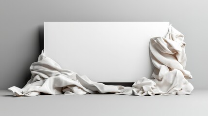 Poster - Elegant Composition Featuring Crumpled Fabric and Blank Paper on Soft Grey Background Evoking Minimalist Aesthetic Appeal
