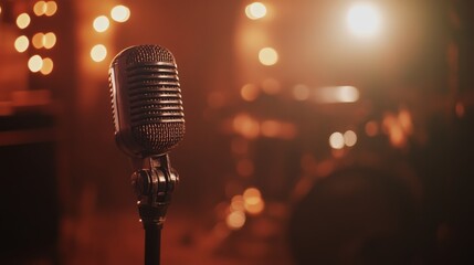 Aufkleber - Vintage microphone is placed center stage under warm lighting, ready for a singer or comedian to perform, with a blurred drum set in the background, creating an intimate atmosphere
