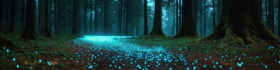 Wall Mural - A forest at night with a blue glow on the ground. The forest is dark and quiet, with only the sound of the fireflies' light illuminating the path. The fireflies are scattered throughout the forest