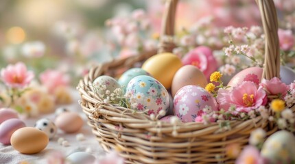 Poster -  a wicker basket filled with various Easter eggs decorated in pastel colors, placed on a table surrounded by flowers and additional eggs.