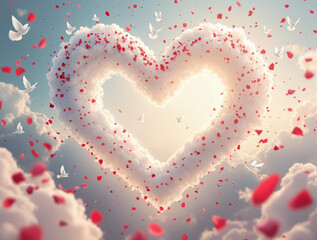 Aufkleber - a heart-shaped cloud with red hearts floating around it, set against a background of white clouds and blue sky with some white birds flying.