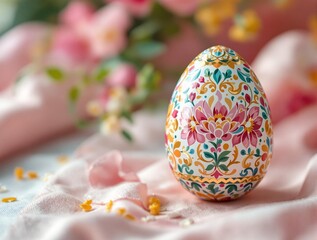 Poster - a beautifully decorated Easter egg with intricate floral patterns, resting on a pink cloth with delicate flowers and petals scattered around it.