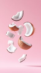 Aufkleber - Several pieces of fresh coconut are levitating on a vibrant pink background, creating a dynamic and visually appealing scene related to healthy eating, tropical vibes, and summer refreshment