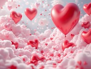 Aufkleber -  a 3D rendering with heart-shaped balloons floating in the sky, surrounded by clouds. The overall background is a mix of pink and white, creating a romantic and festive atmosphere.