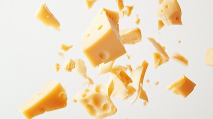 Aufkleber - Levitating pieces of delicious swiss cheese in various sizes float against a clean white background, creating a visually striking and appetizing arrangement perfect for culinary themes